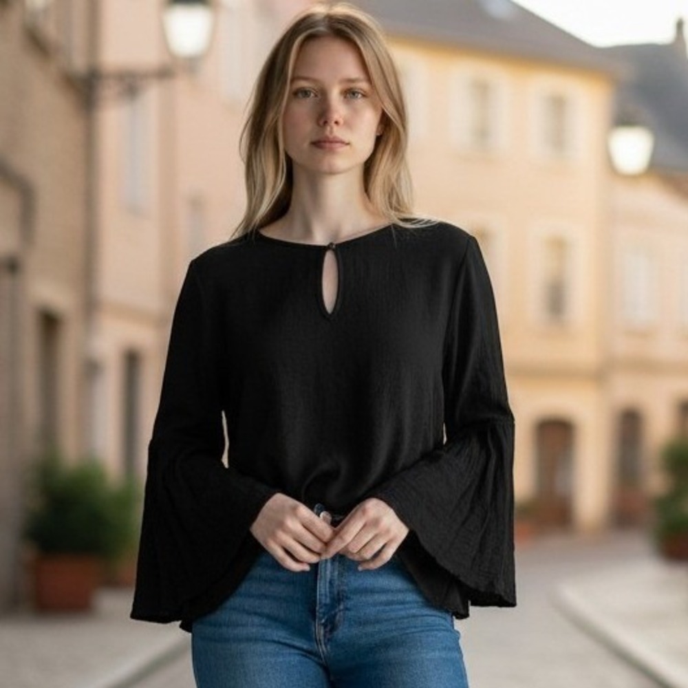 Cloth & Stone Blouse Womens M Black Keyhole Back Viscose Anthropologie